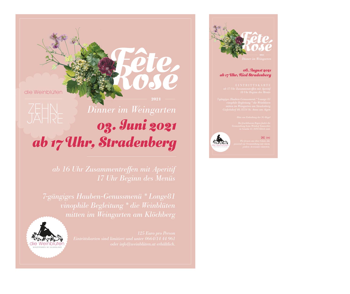 eventdesign, design, Grafik, Dinner in den Weinbergen, Eventlogo, rosa, fete rosé, die Weinblüten, weiblich