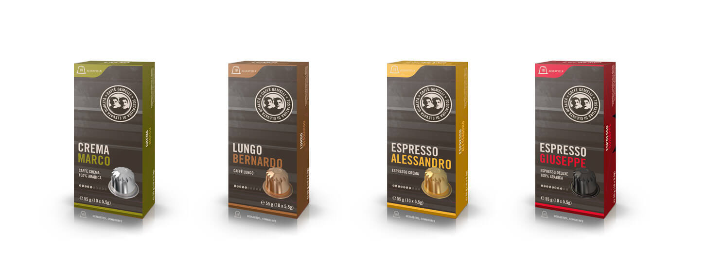 packagedesign, packaging, Kapselkaffee, Caffe Gemelli, Package-Serie, Gestaltung, Kapsel