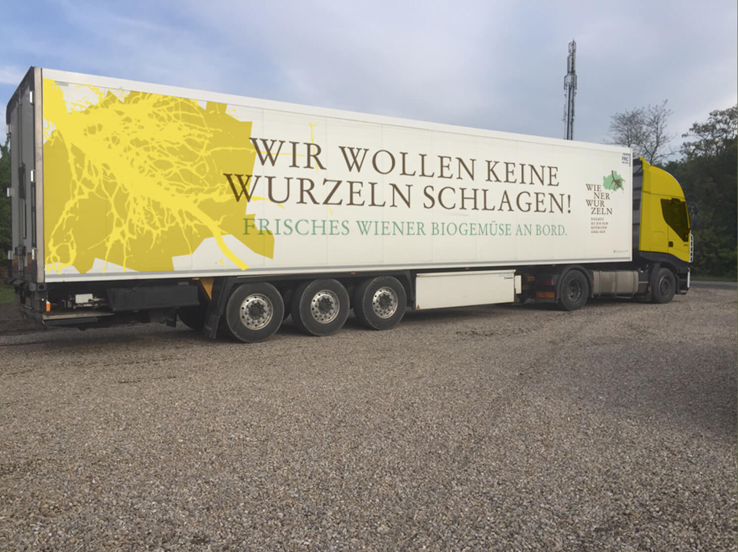 wiener Wurzeln, Biogemüse, Donauauen, Wien, Corporate Design, Logo, Wortbildmarke, Text, Branding, LKW, Transporter Branding