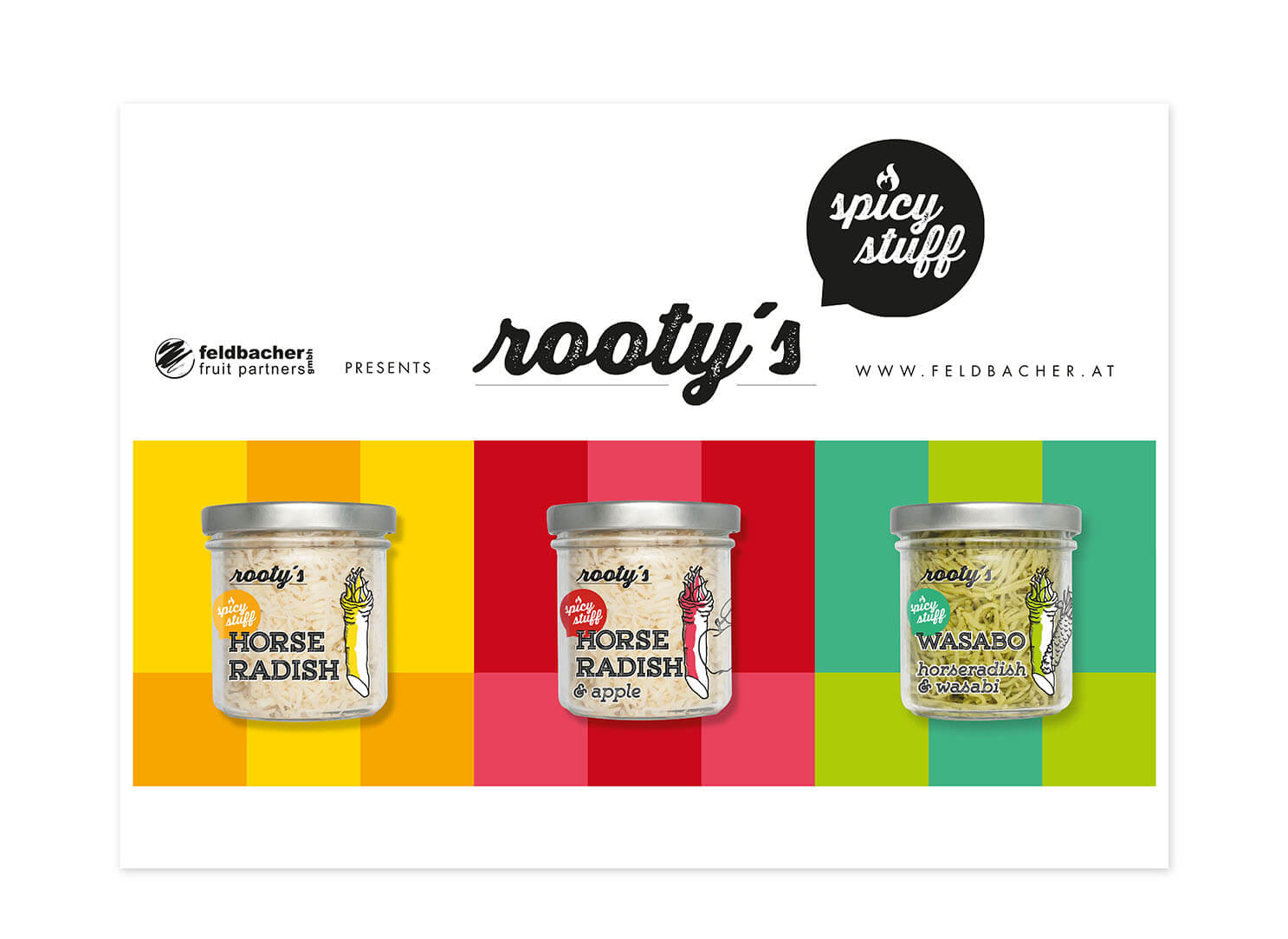 rootys, Kren, steirerkren, feldbacher fruit partners, spicy stuff, Messestand, Branding, Etiketten transparent, Corporate Design, Marke, classic, Kren im Glasssss