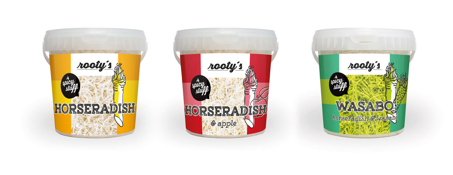 Rooty´s Eimer, Kren, Redesign, Etiketten, Kren im Eimer, geraspelt, 3 Sorten, Feldbacher Fruitpartners